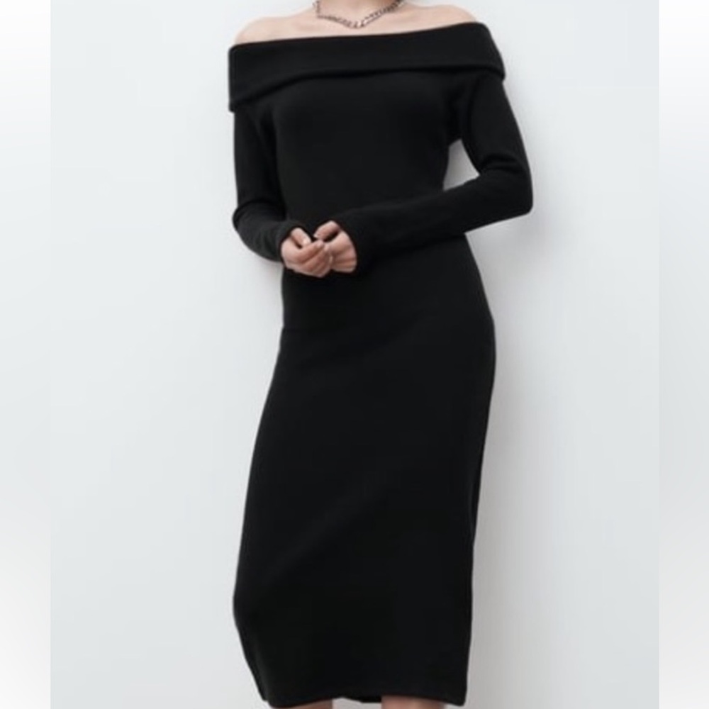 Zara Stylish Black Off-Shoulder Midi Dress